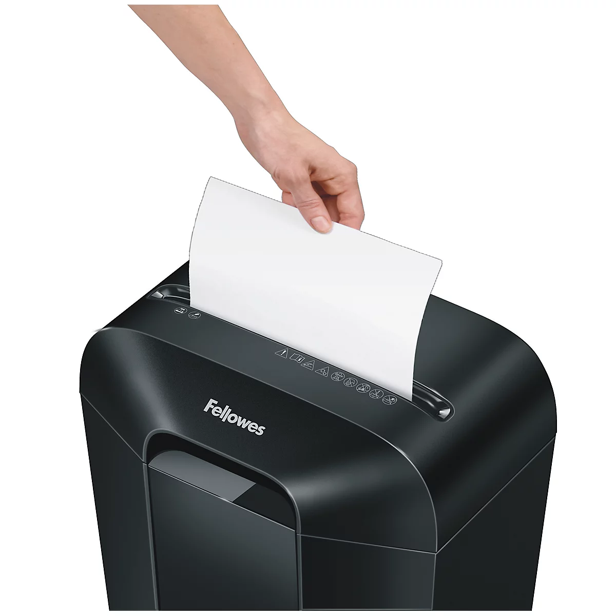 A hand feeds a white sheet of paper into a black Fellowes paper shredder.