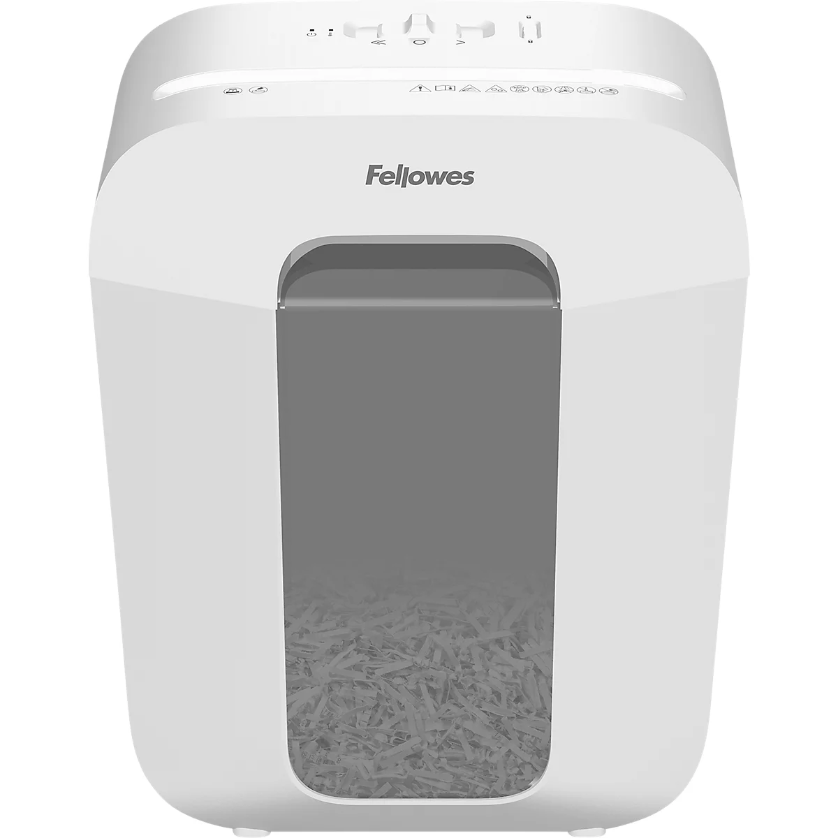 White paper shredder with grey window filled with shredded paper; Fellowes brand.