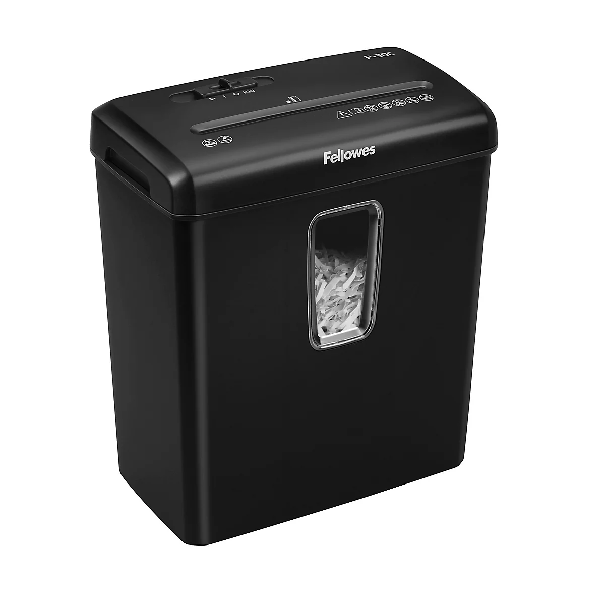 Black paper shredder with a clear view of shredded paper. The Fellowes logo is visible at the top.
