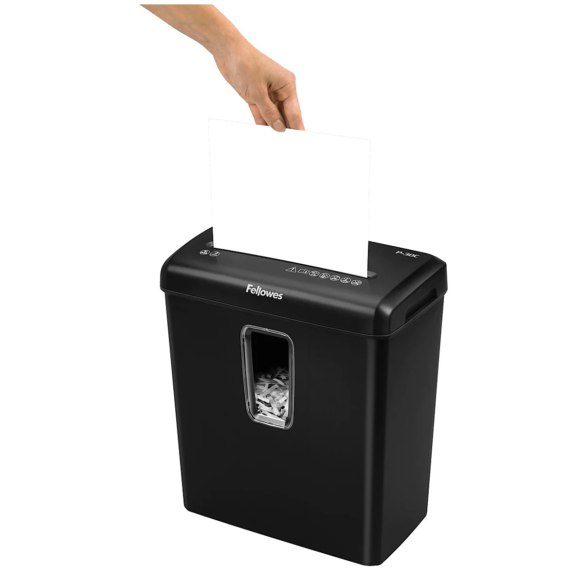 Person inserting paper into a black shredder. Fellowes logo is visible.
