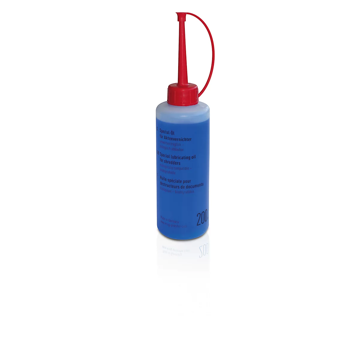 Blue plastic bottle with red cap. The lid has a long, thin spout and a loop. Text on the bottle.