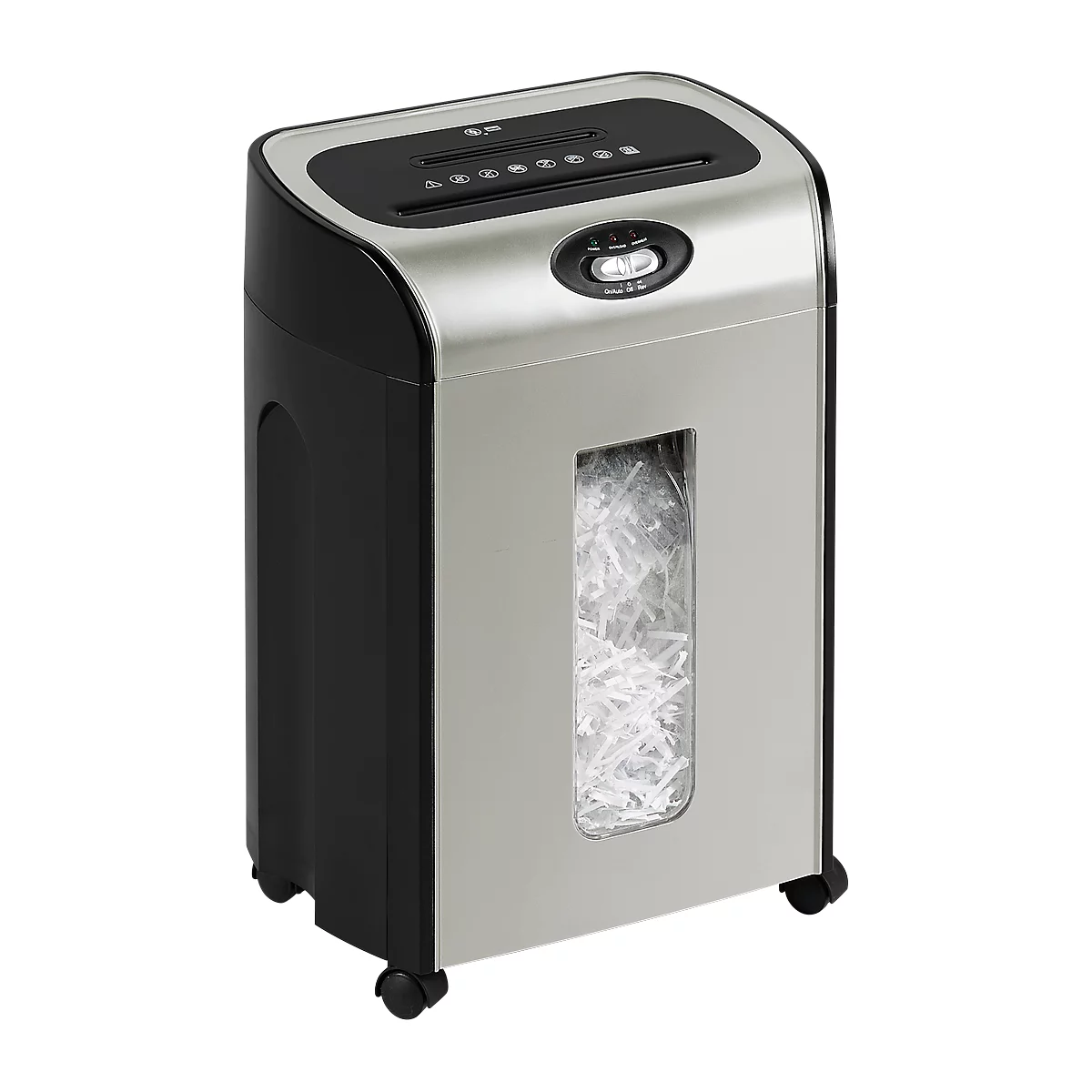 Shredder with silver front and black top. A window displays shredded paper, rollers for mobility.