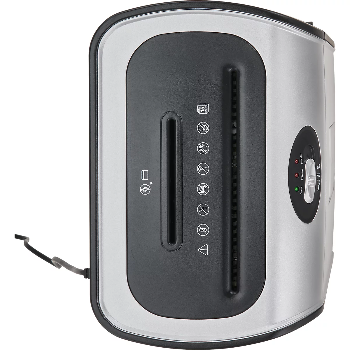 Silver and black paper shredder. Input slot with symbols. On the right is the on/off switch with indicator lights.