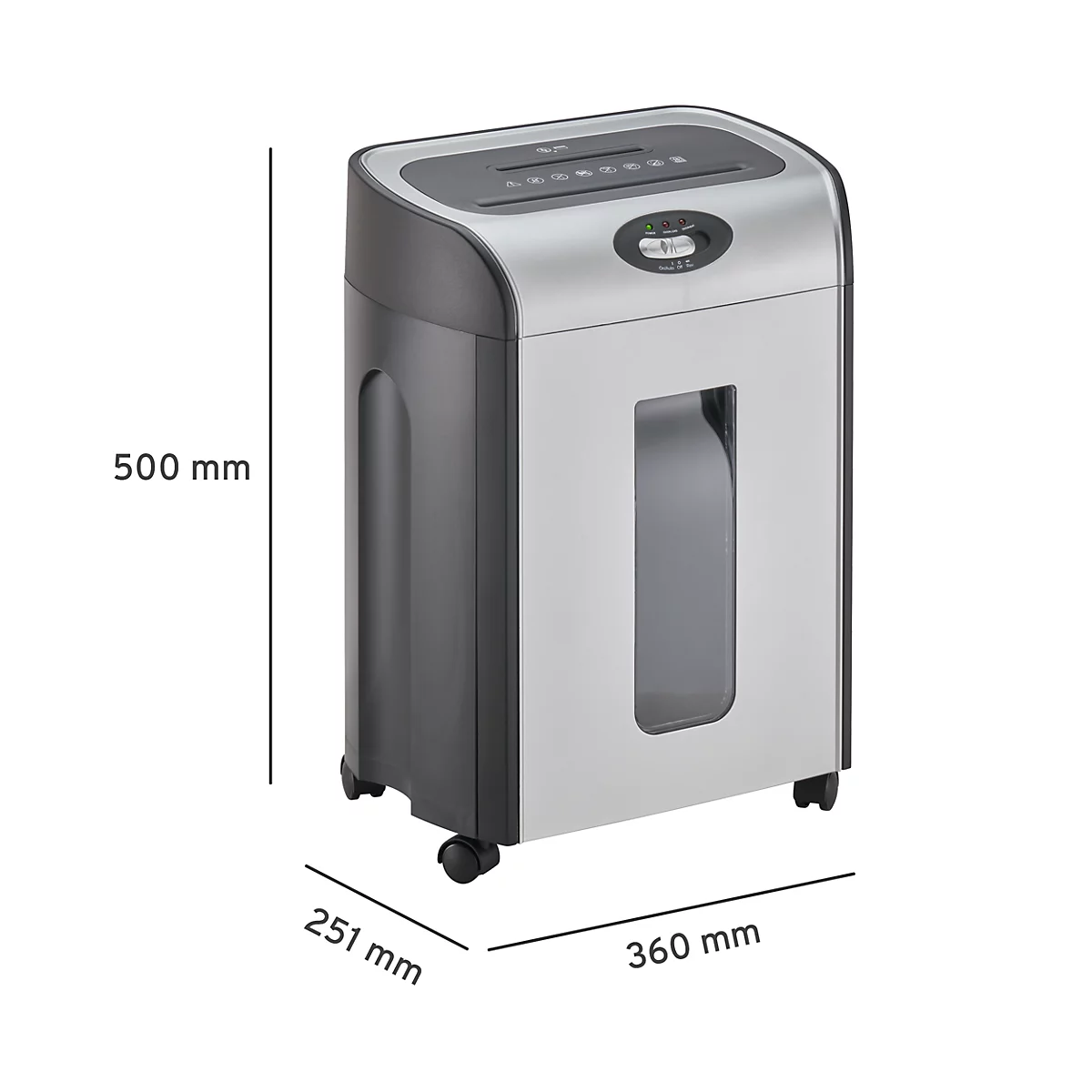 Shredder with dimensions: 500 x 251 x 360 mm. Gray and black color scheme. The paper feed is on top, a viewing window on the side.