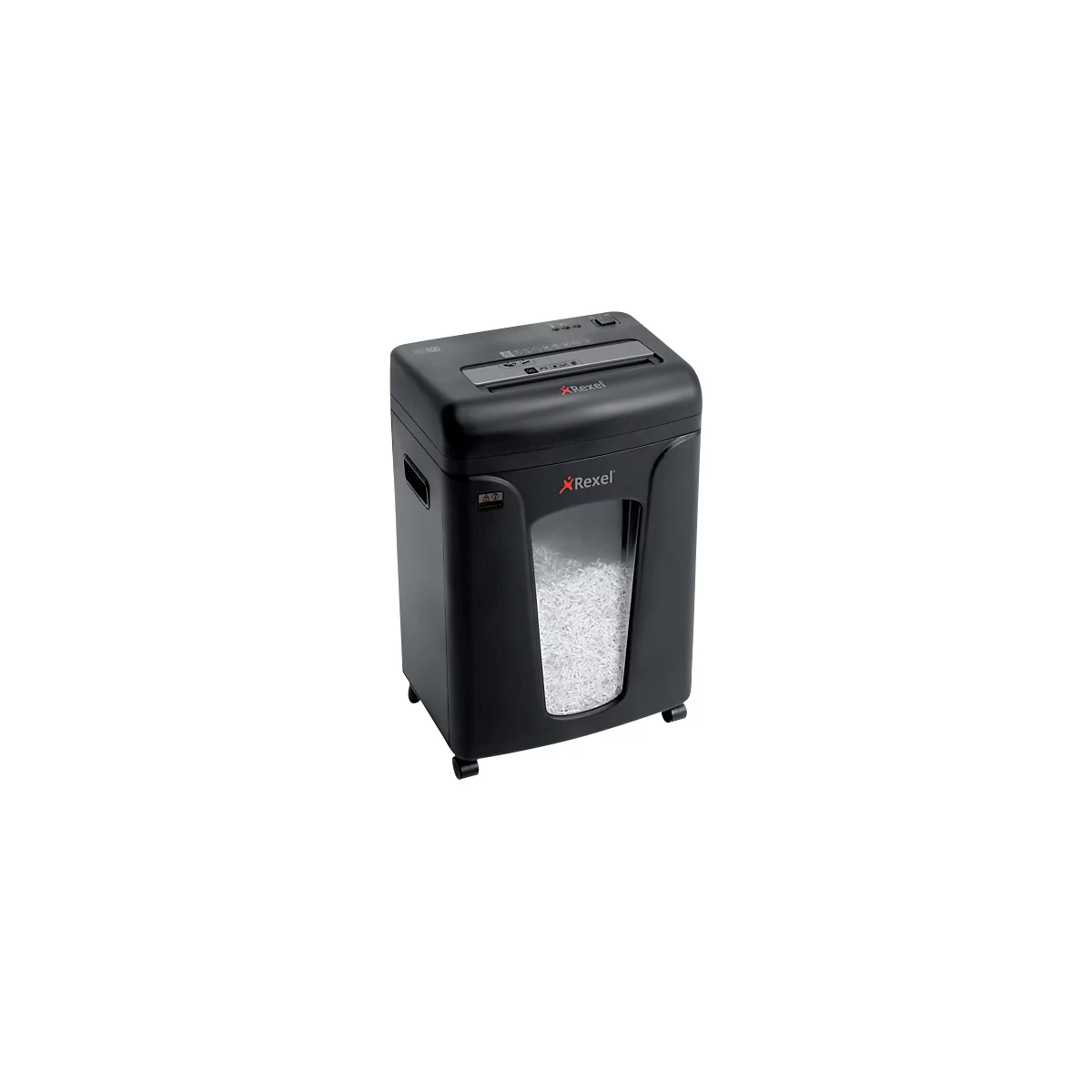 Black paper shredder with 'Rexel' logo. Visible paper waste in the transparent window, the device is on wheels.