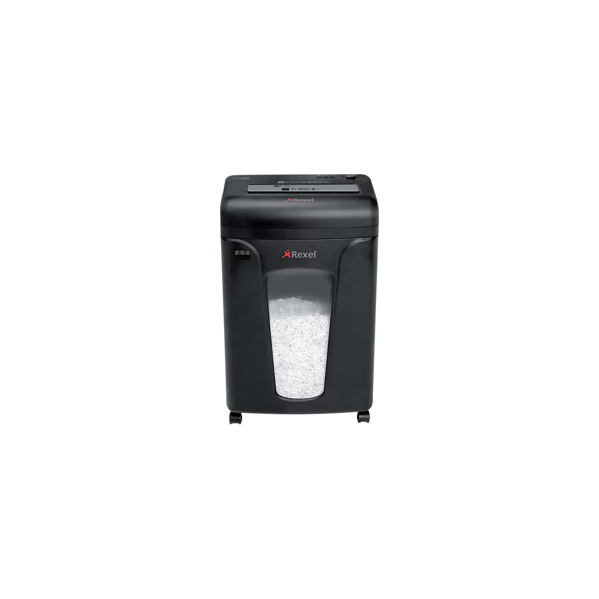 Black paper shredder with Rexel logo. A transparent window shows shredded paper.