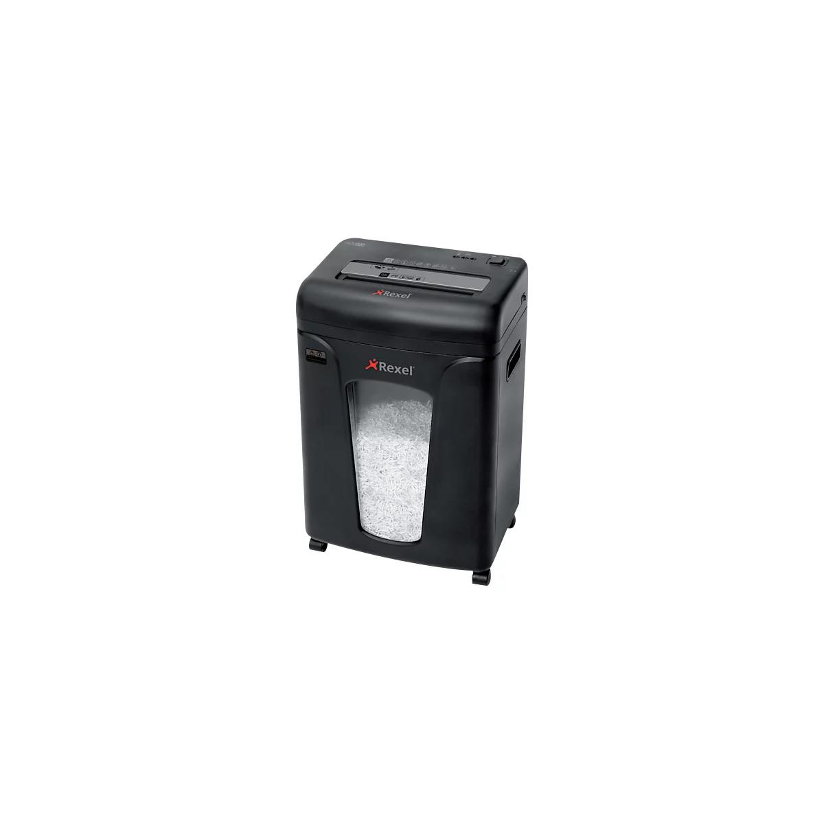 Black paper shredder with Rexel logo and visible paper waste in the bin. On wheels.