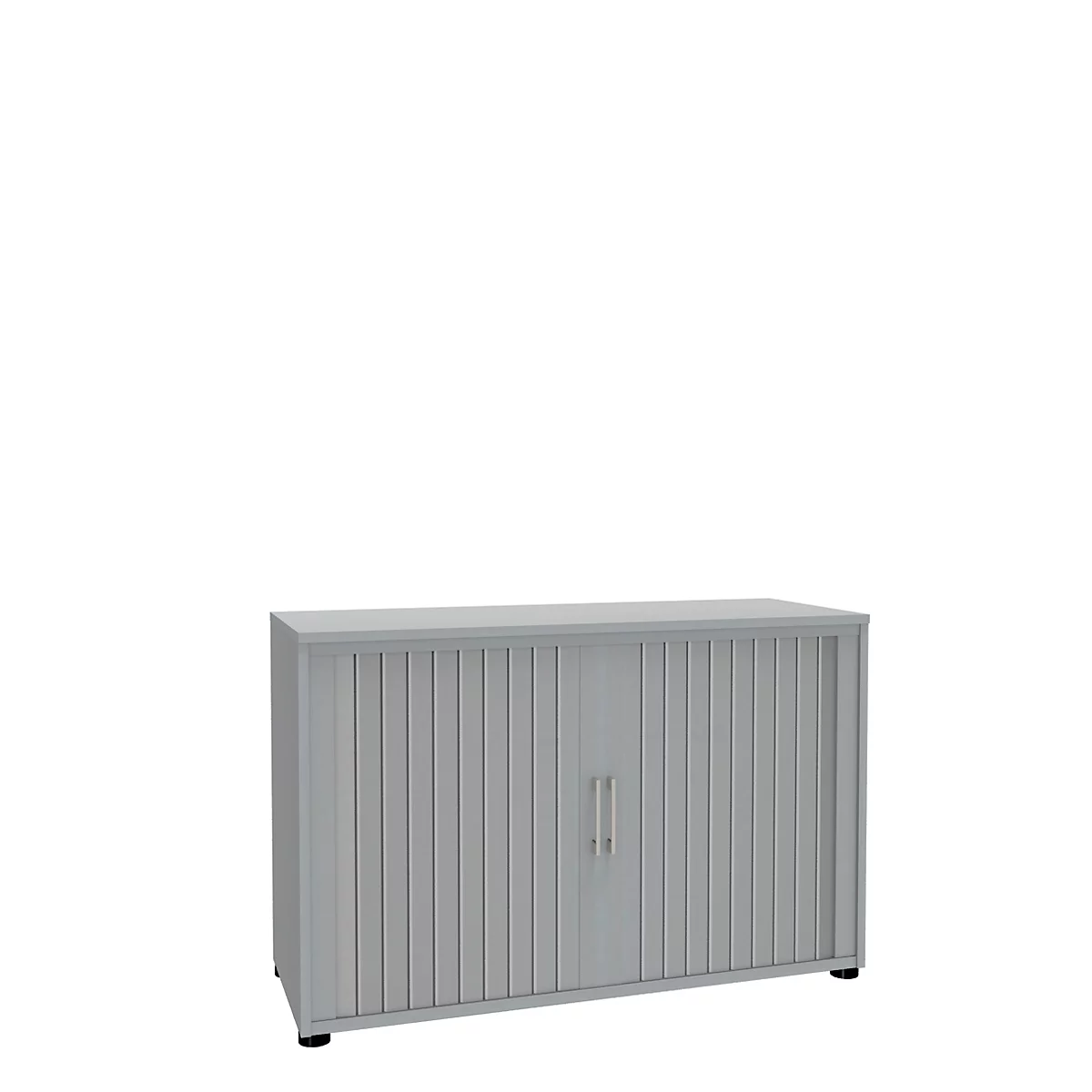 Grey filing cabinet with roller shutters and two handles. The cabinet stands against a white background.