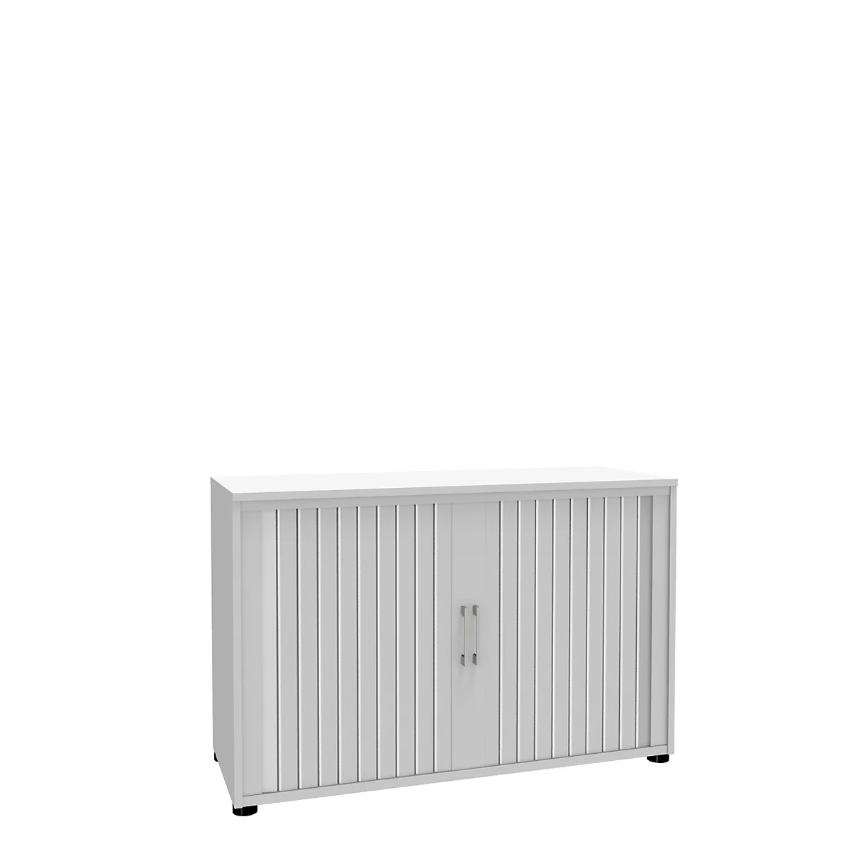 A white filing cabinet with slatted doors stands against a white background. Two narrow handles.