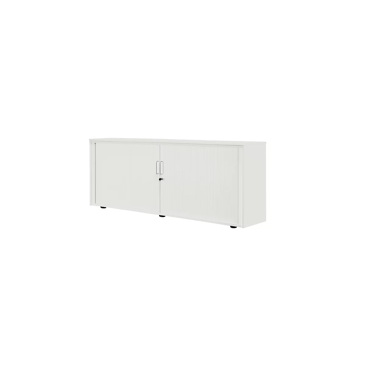 White, rectangular cabinet with two doors, handles, and lock.