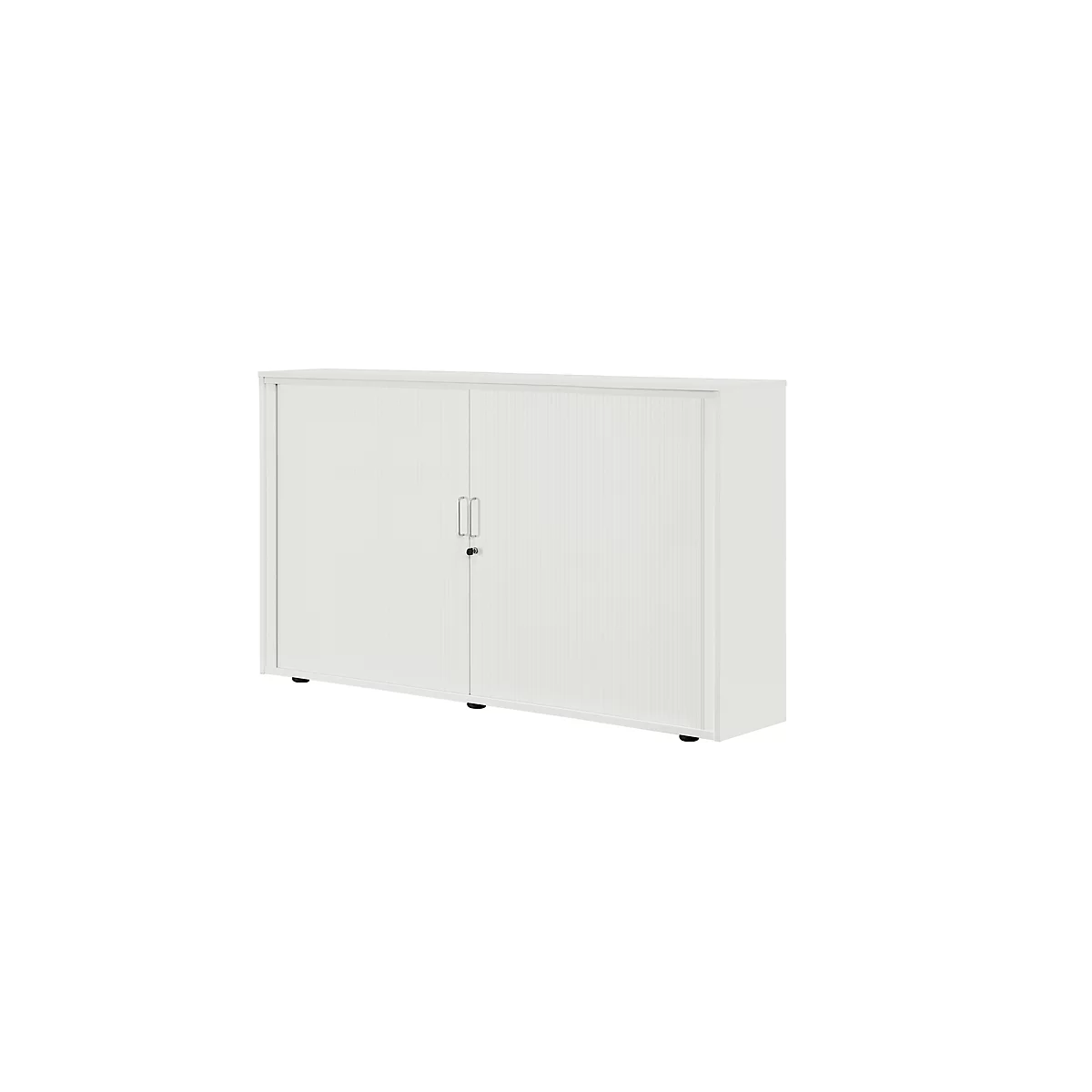 A white cabinet with two doors and silver handles against a white background.