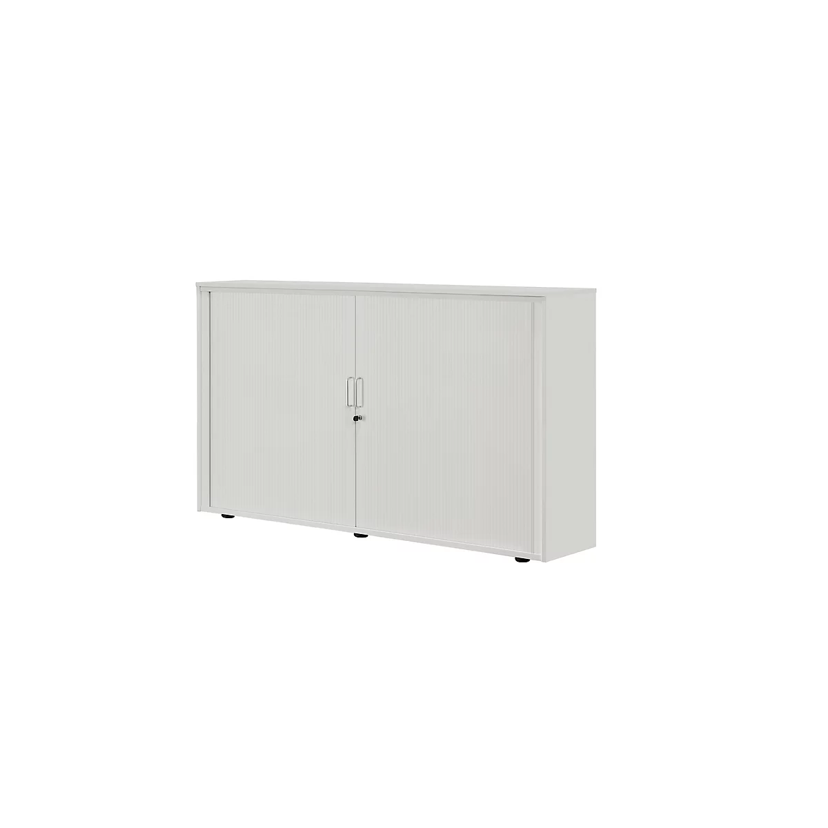White office cabinet with two doors and a lock. On a white background.