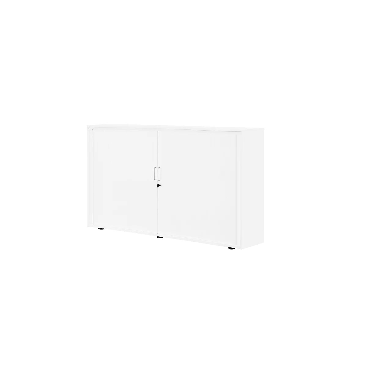 White filing cabinet with two doors, handles, and a lock on a white background.
