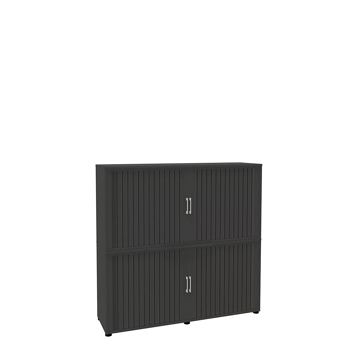 Dark grey cabinet with ribbed doors and silver handles. The doors are in two parts.