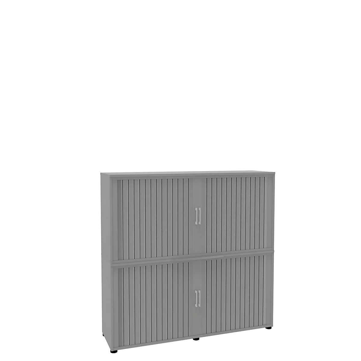 Grey, rectangular cabinet with slatted doors, divided into two parts with two handles per door.