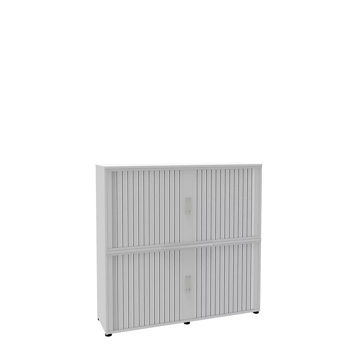 Grey cabinet with vertical lines, two doors one above the other. On a light background.