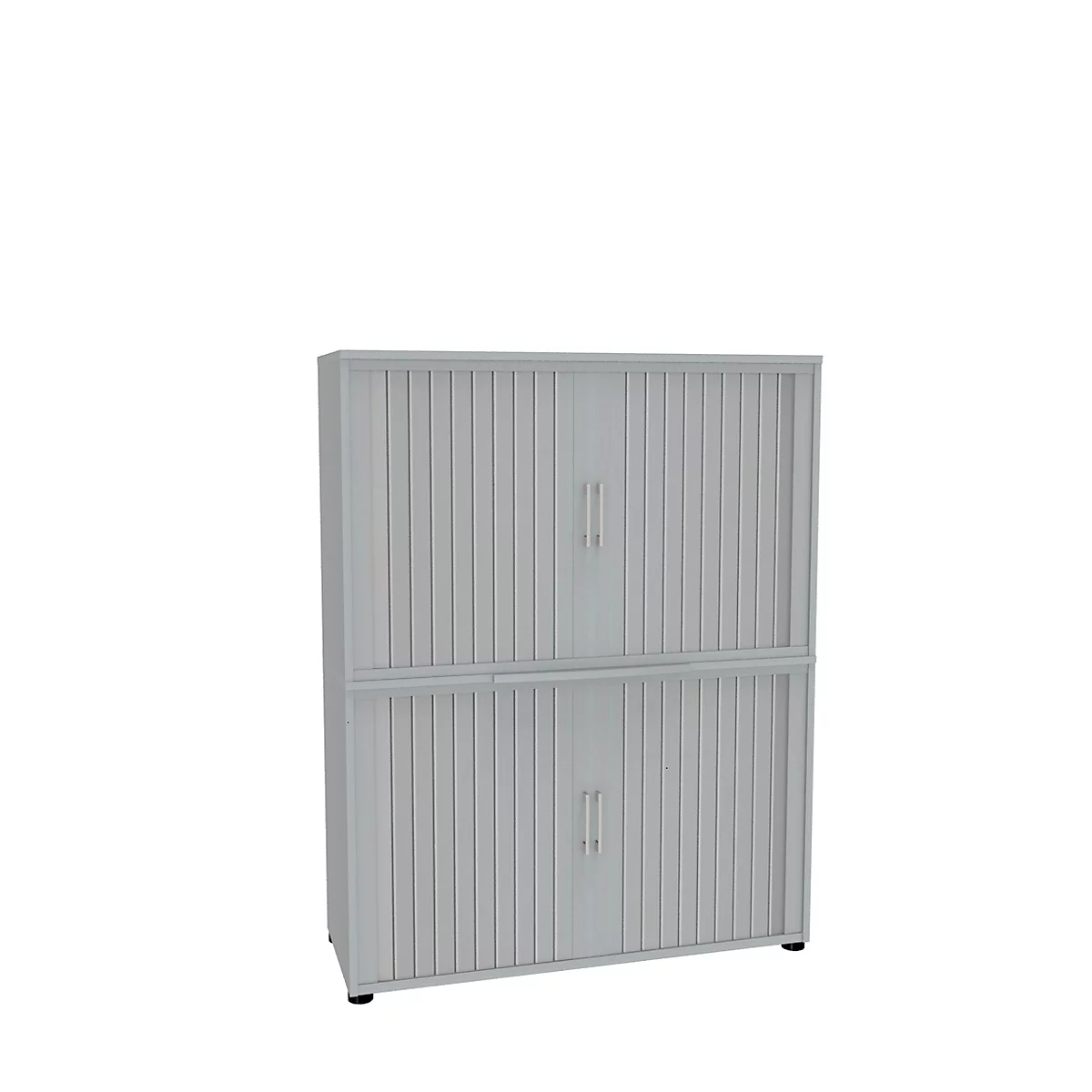 Gray filing cabinet with slatted doors and two handles. The cabinet is divided into two halves.