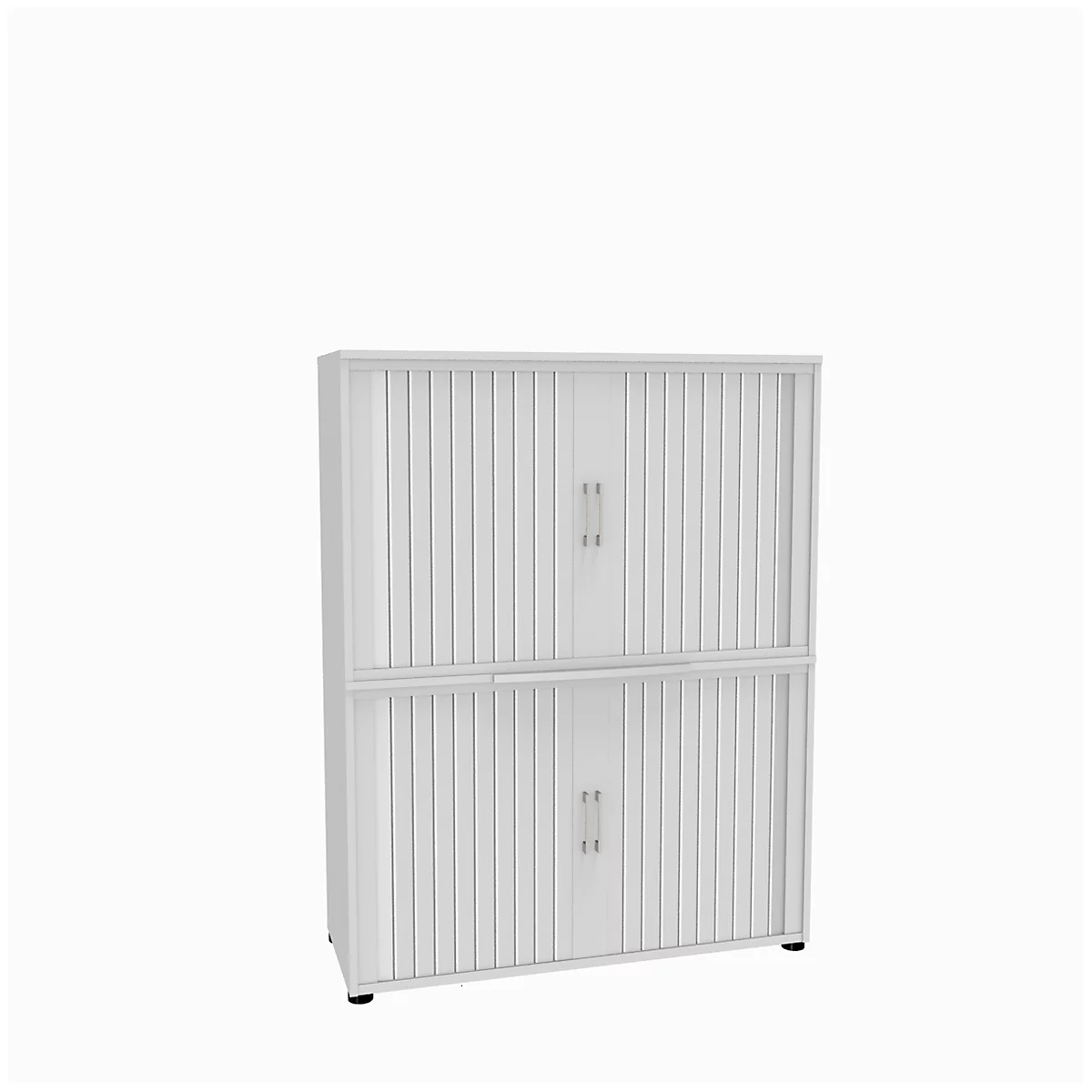 White cabinet with slatted doors and two compartments, on a white background.
