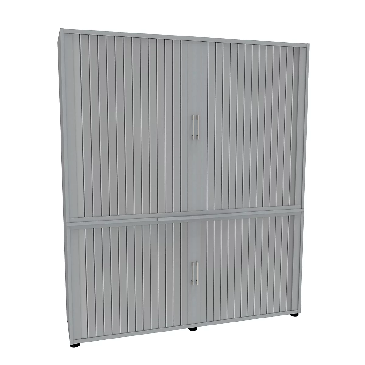 Grey cabinet with ribbed doors, two arranged one above the other. Metal handles.