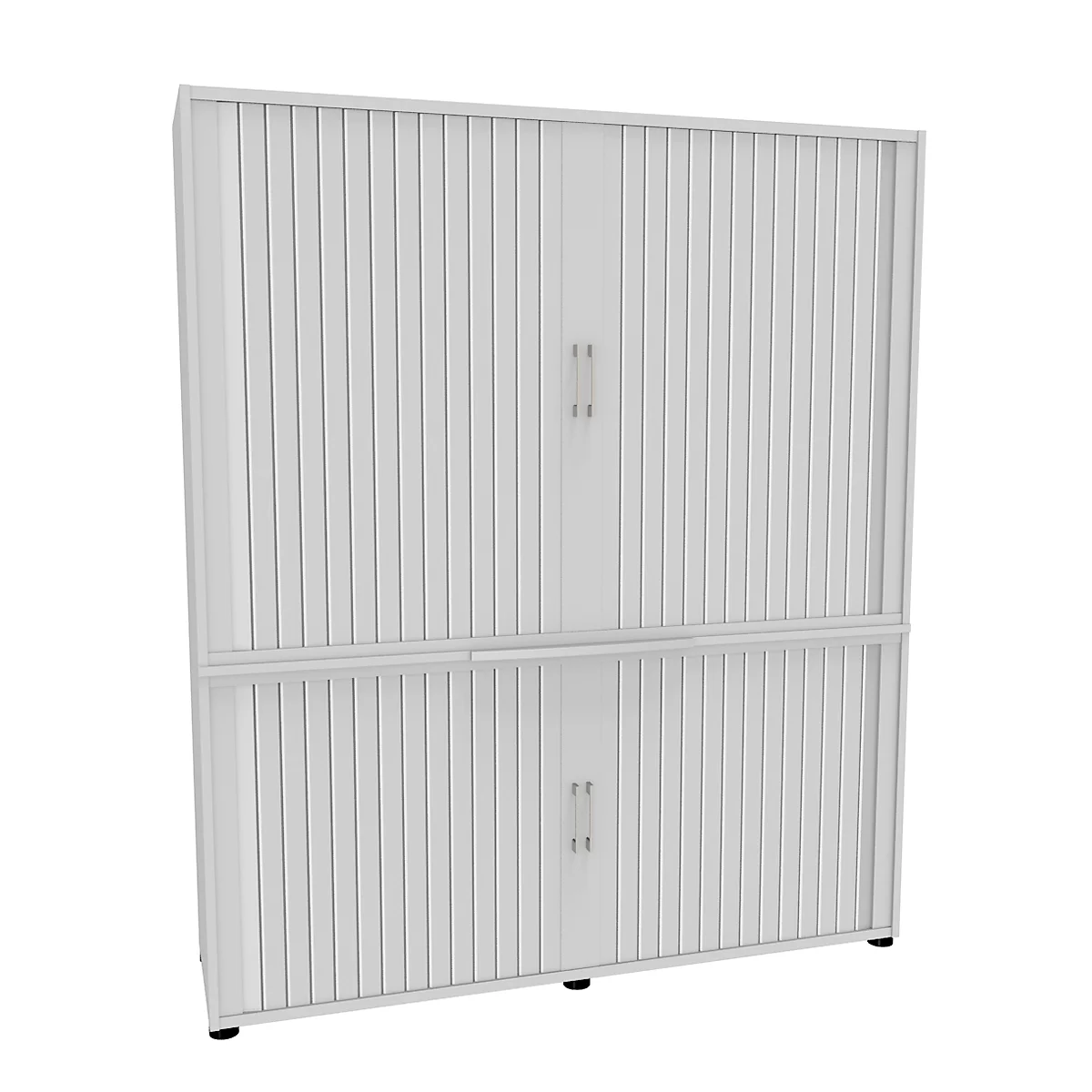 A white cabinet with two doors, vertical slats and metal handles.