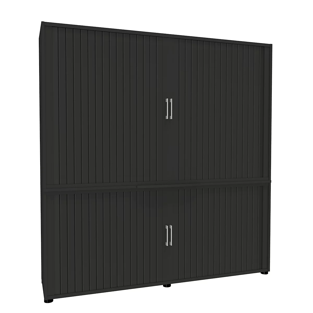 Dark grey cabinet with two doors at the top and bottom. Each door has a silver handle.