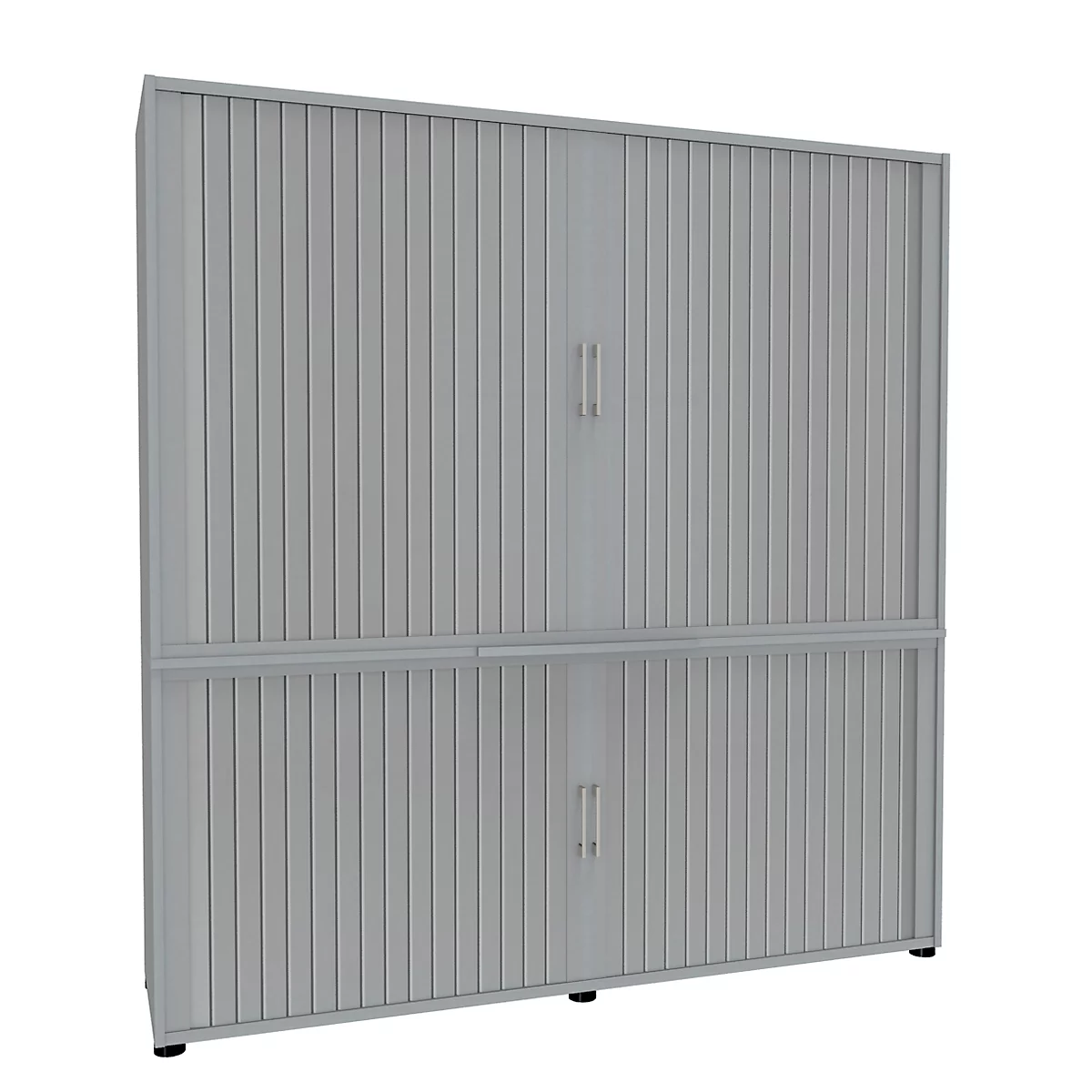 Gray, ribbed cabinet with two doors. Each door has a narrow, vertical handle.