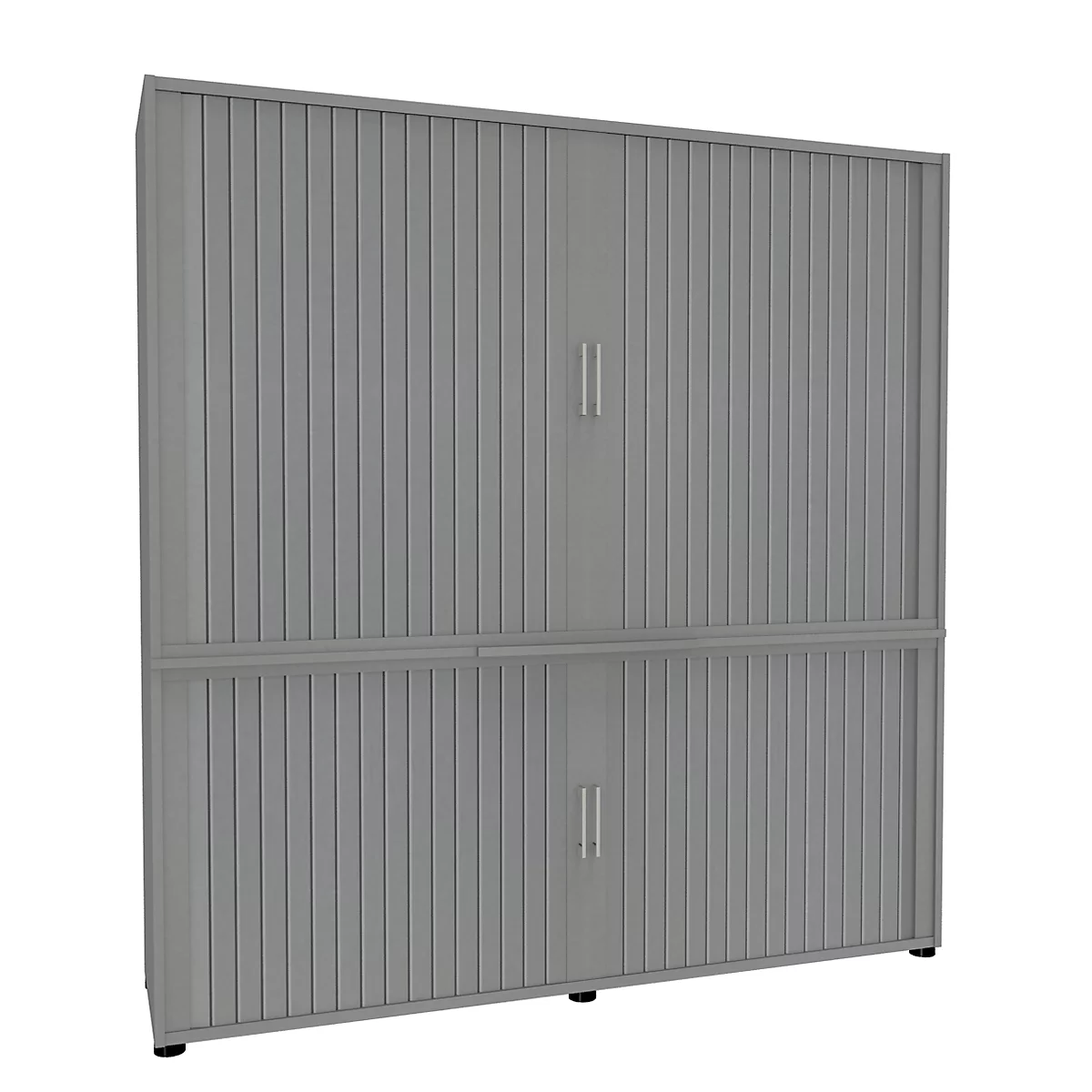 Grey, two-story metal cabinet with ribbed doors and vertical handles.