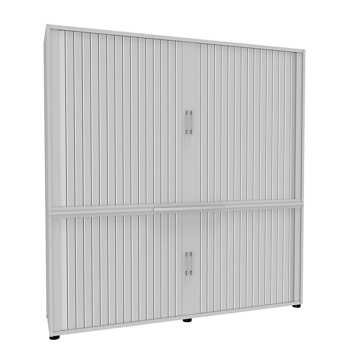 A white, two-part cabinet system with vertical grooves and two door handles per compartment.