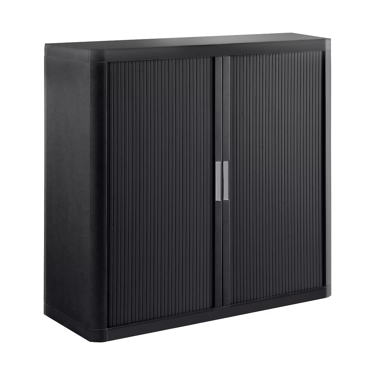 Black cabinet with ribbed tambour doors. Two silver handles. Rounded corners.
