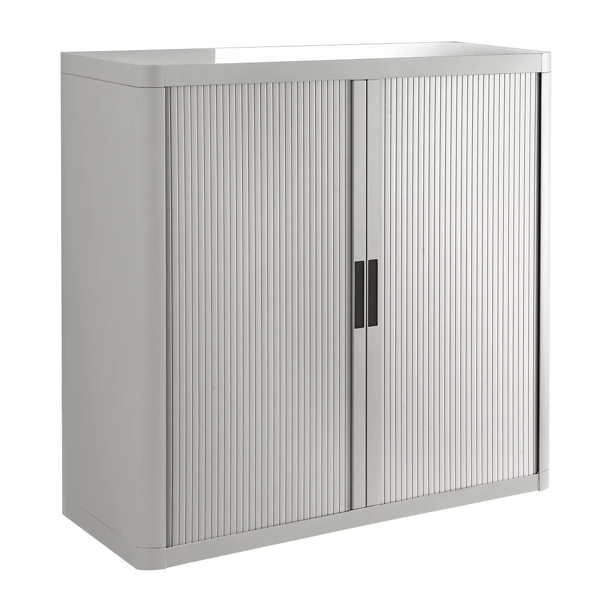 Grey cabinet with slatted doors and black handles.