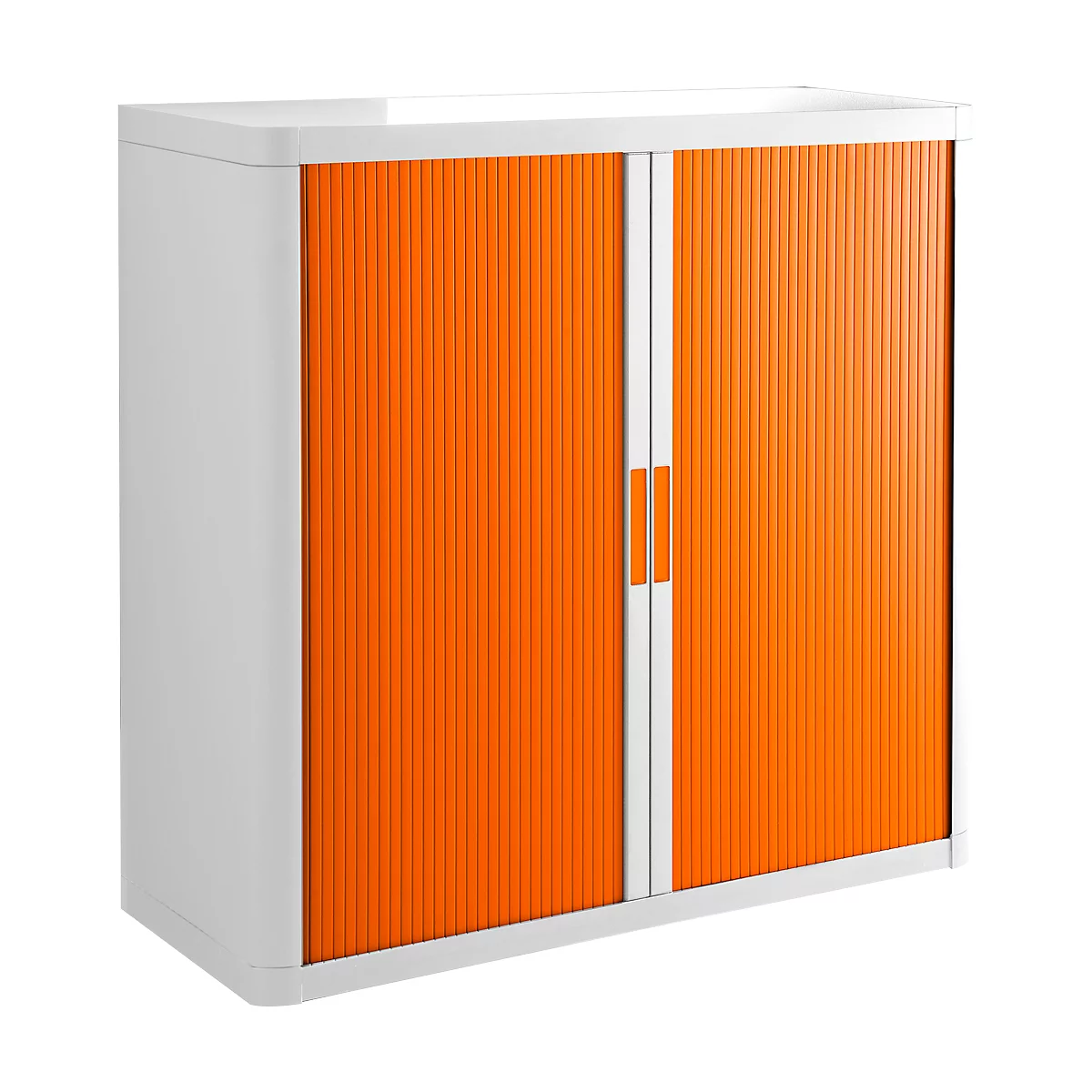 Cabinet with a white body and orange roller shutter doors. The doors are vertically ribbed and have two narrow, white handles.