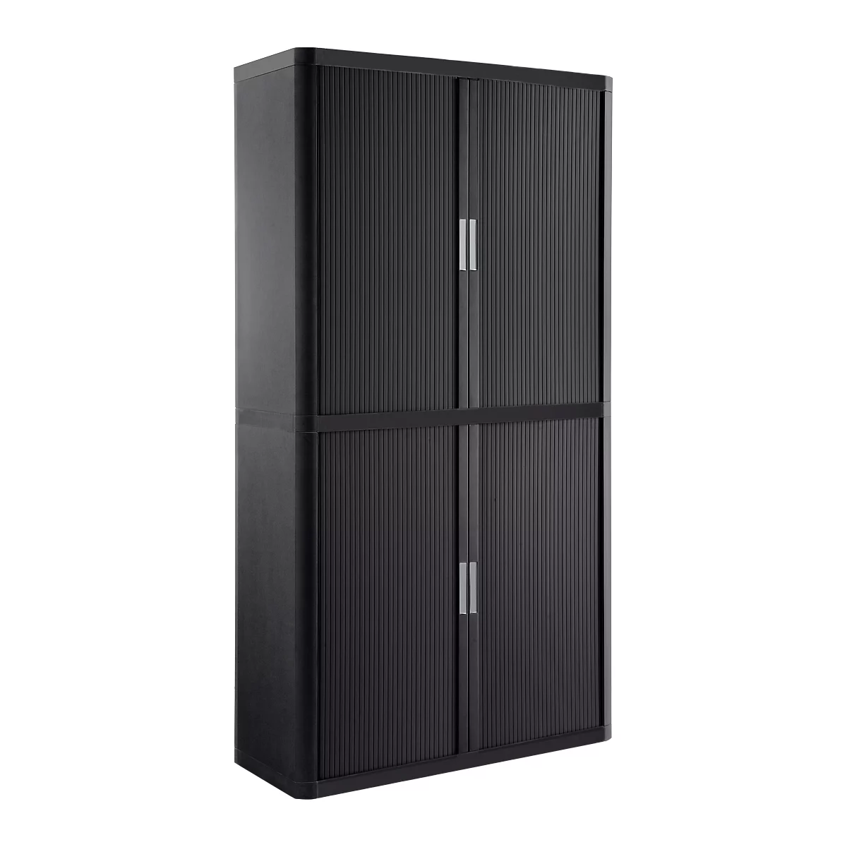 Black cabinet with slatted doors and silver handles. Four doors, vertical slats.