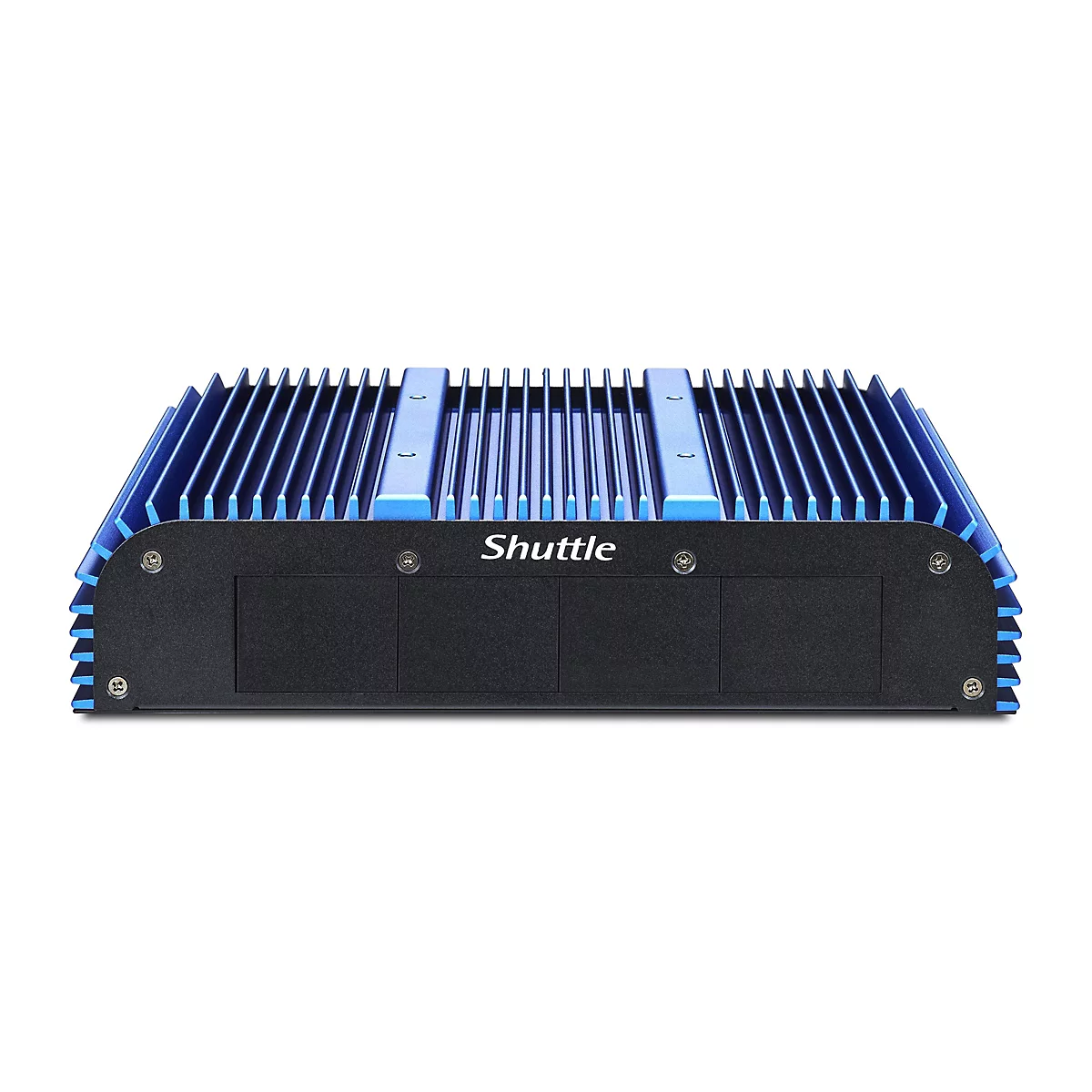 Ein schwarzer Computer mit blau geriffelter Oberseite. Der Schriftzug Shuttle ist auf der Vorderseite zu sehen.