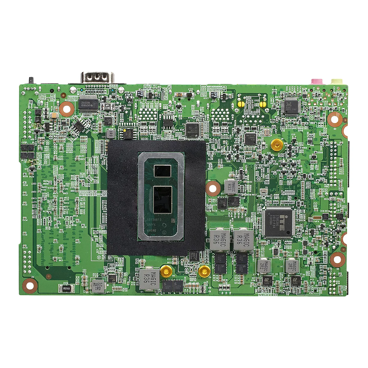 Grüne Leiterplatte mit elektronischen Bauteilen. Auf der Platine sind verschiedene Chips, Widerstände und Anschlüsse zu sehen.