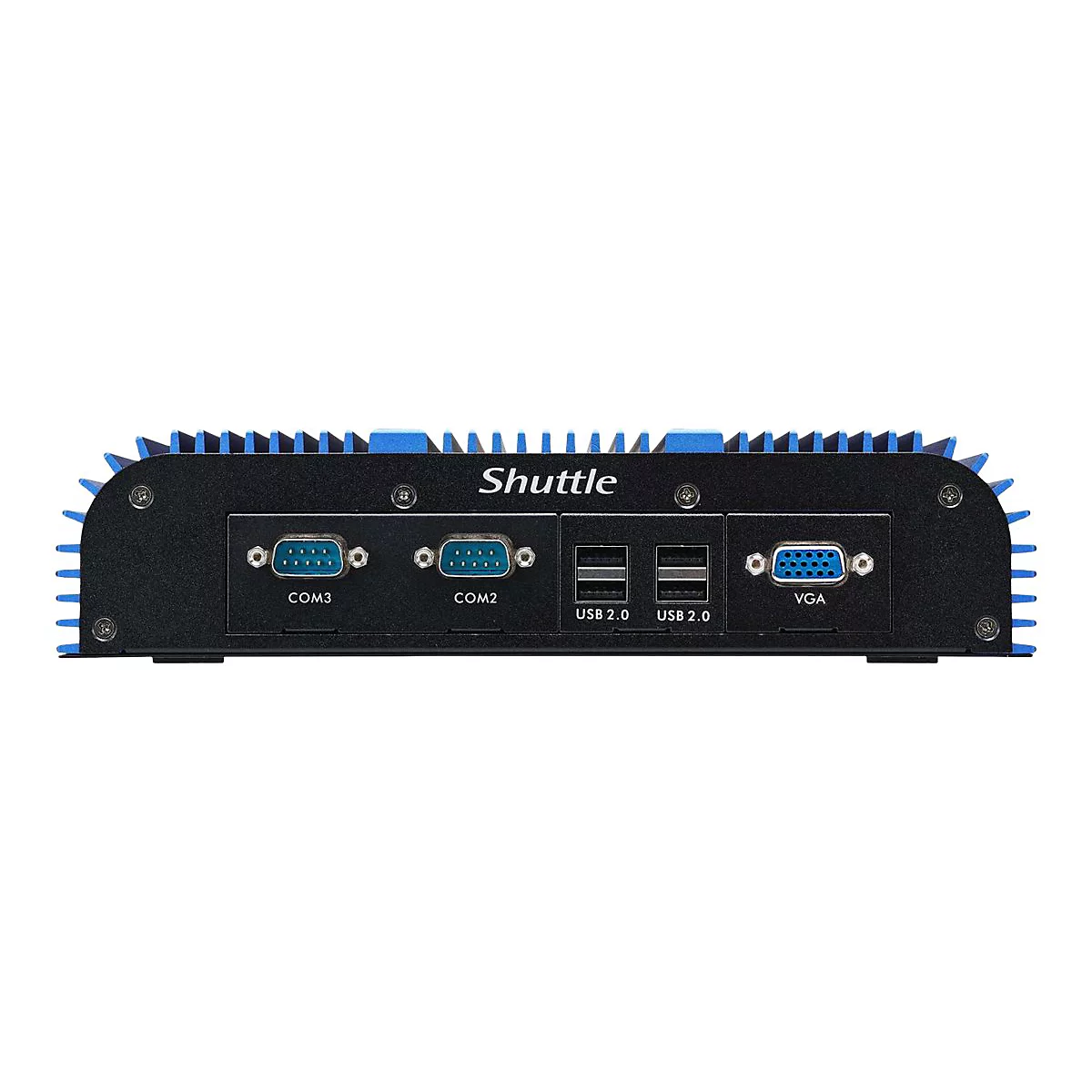 Schwarzer Computer, blau abgesetzt, mit Anschlüssen für USB, COM und VGA. Oben steht 'Shuttle'.