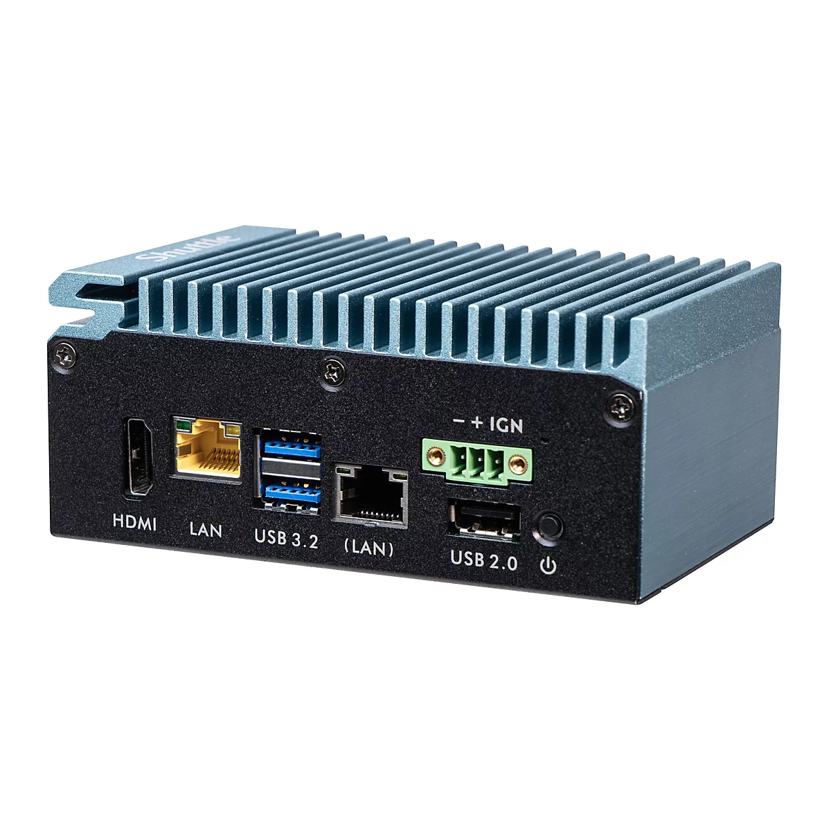 Ein grauer Shuttle-Computer mit blauem Kühlkörper. Anschlüsse: HDMI, LAN, USB 3.2, USB 2.0.