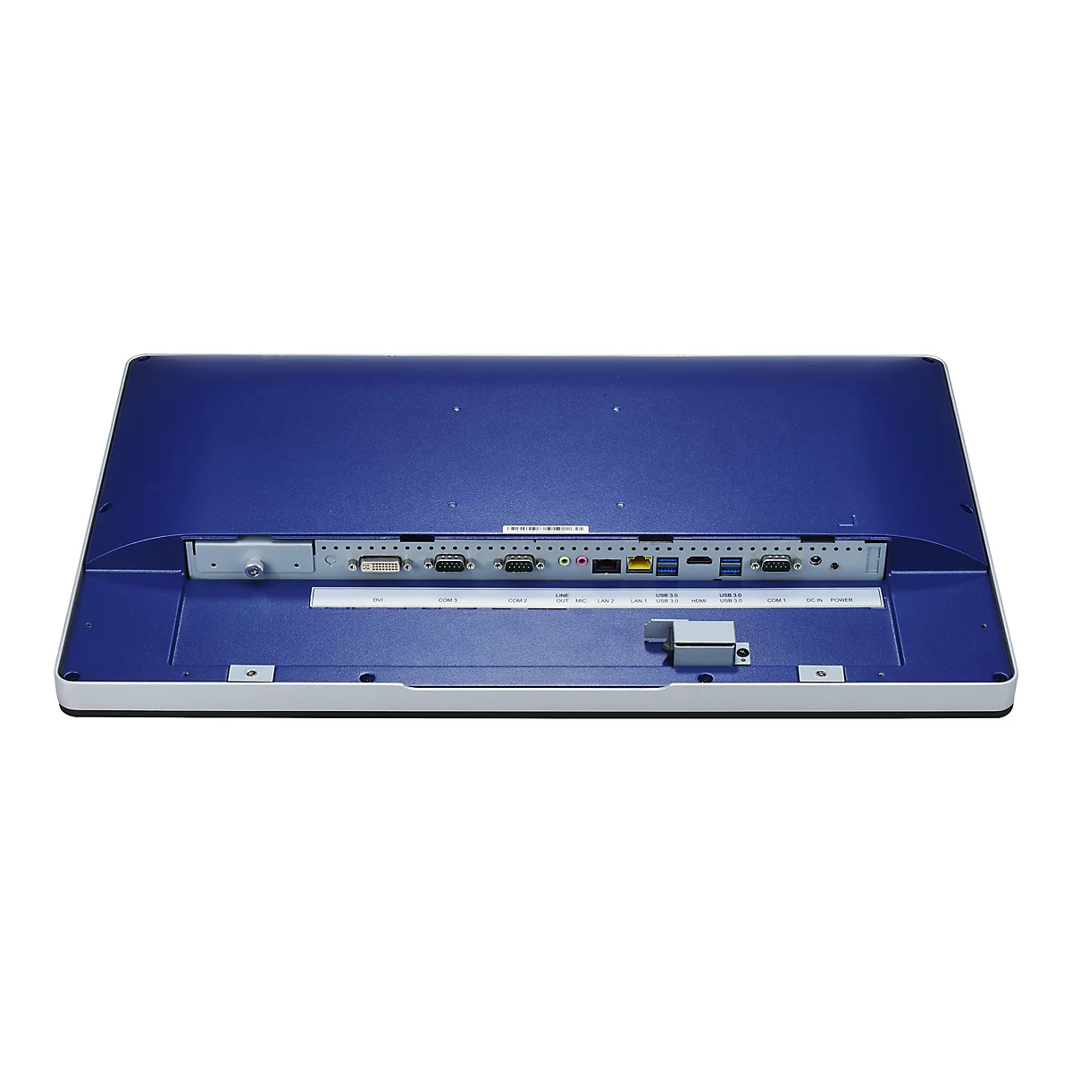 Rückseite eines blauen Monitors mit verschiedenen Anschlüssen, wie USB, HDMI und DVI, sowie Textbeschriftungen.