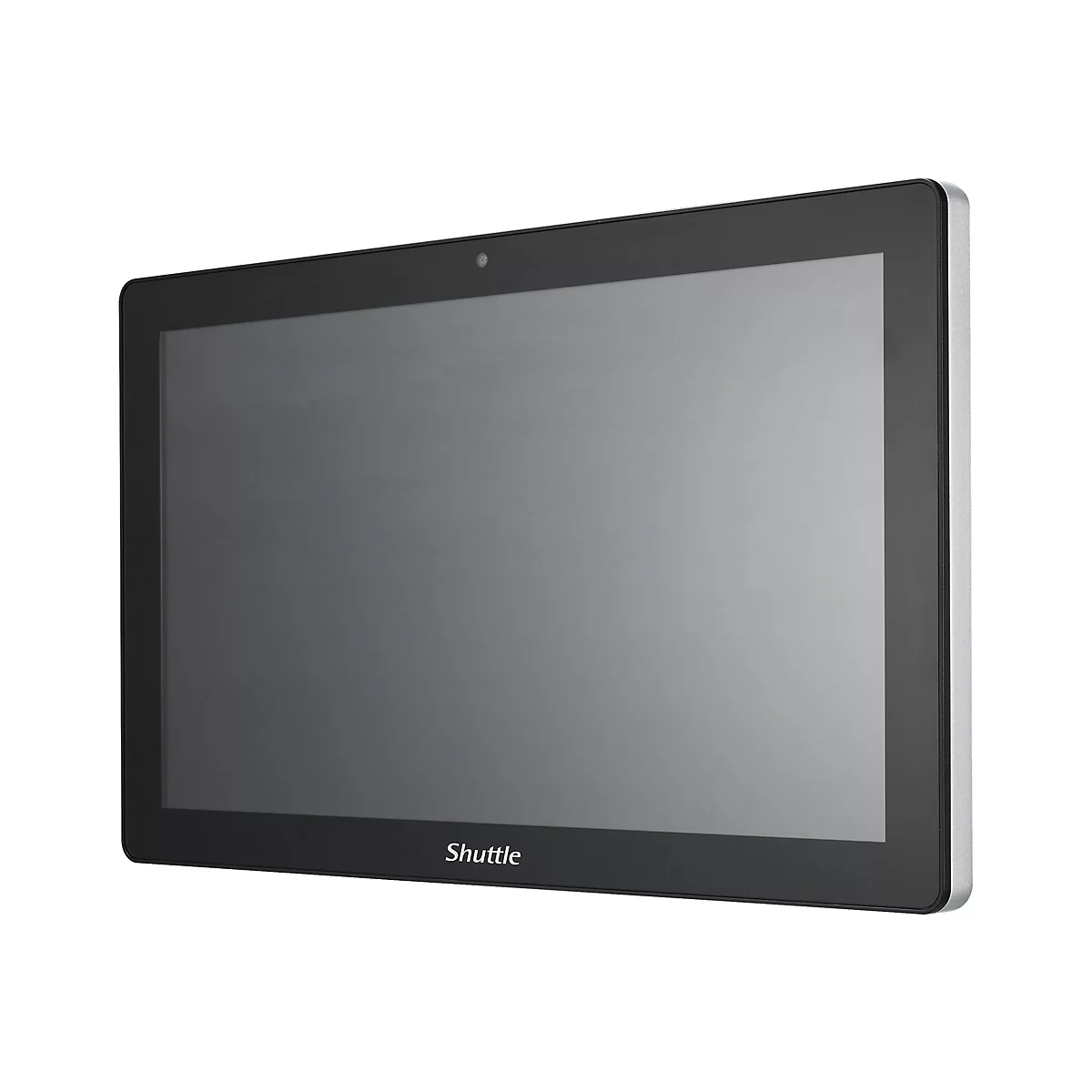 Ein schwarzes Tablet mit grossem, hellem Bildschirm. Oben mittig ist eine Kamera integriert. Am unteren Rand ist "Shuttle" in weisser Schrift zu sehen.