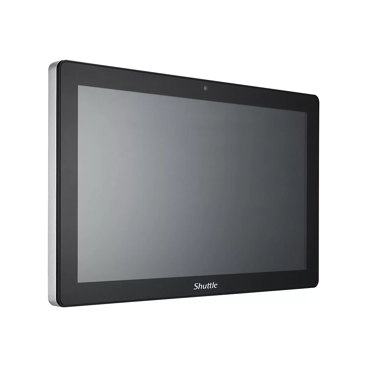 Ein rechteckiger, schwarzer Tablet-Bildschirm mit silbernem Rahmen. Oben mittig eine Kamera, unten der Schriftzug "Shuttle".