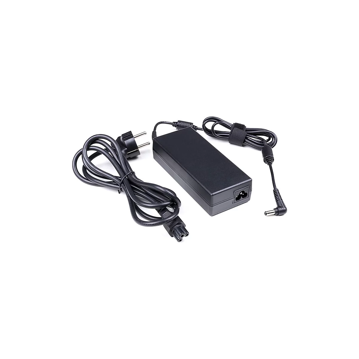 Schwarzes Laptop-Netzteil mit Kabeln und Stecker auf weiÃŸem Hintergrund.