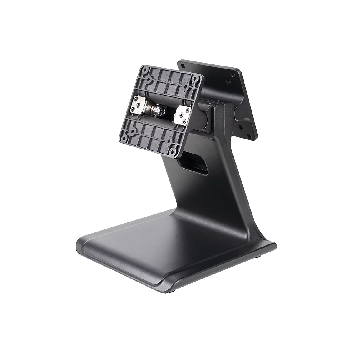 Schwarzer Tablet-Ständer, aus verschiedenen Blickwinkeln aufgenommen, vor weißem Hintergrund.