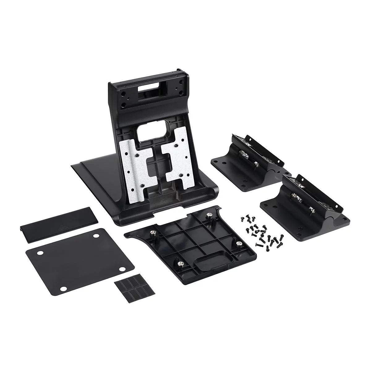 Schwarz zerlegte Halterung für elektronische Geräte mit Schrauben und Einzelteilen auf weißem Hintergrund.
