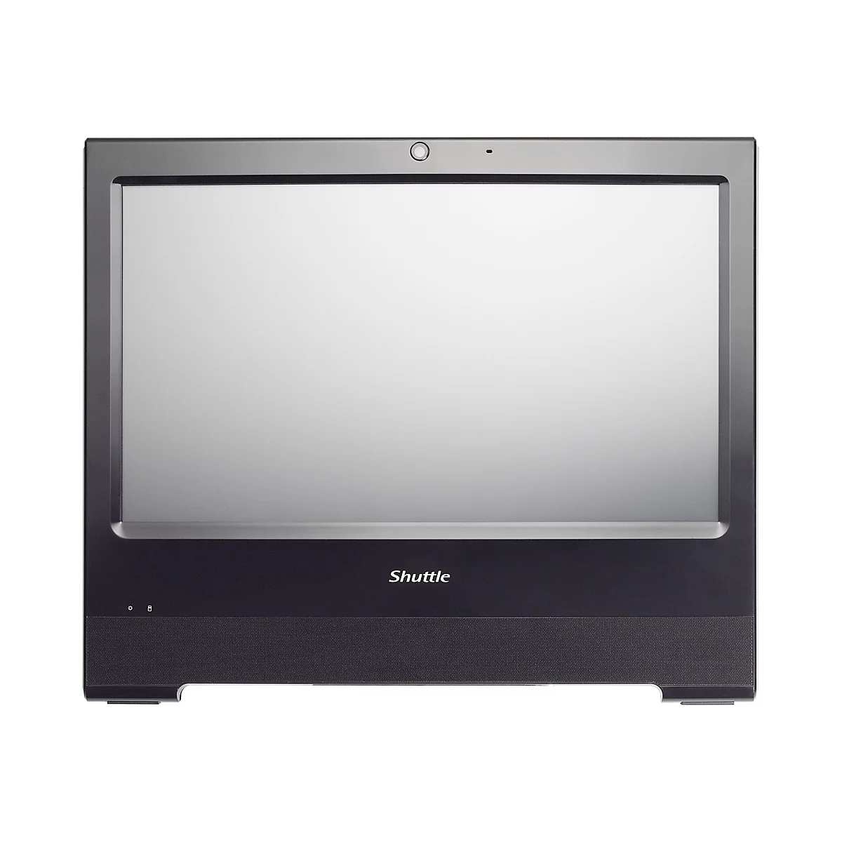 Ein schwarzer All-in-One-Computer von Shuttle mit einem großen Bildschirm. Oben befinden sich eine Kamera und ein Mikrofon. Unten steht der Schriftzug "Shuttle".
