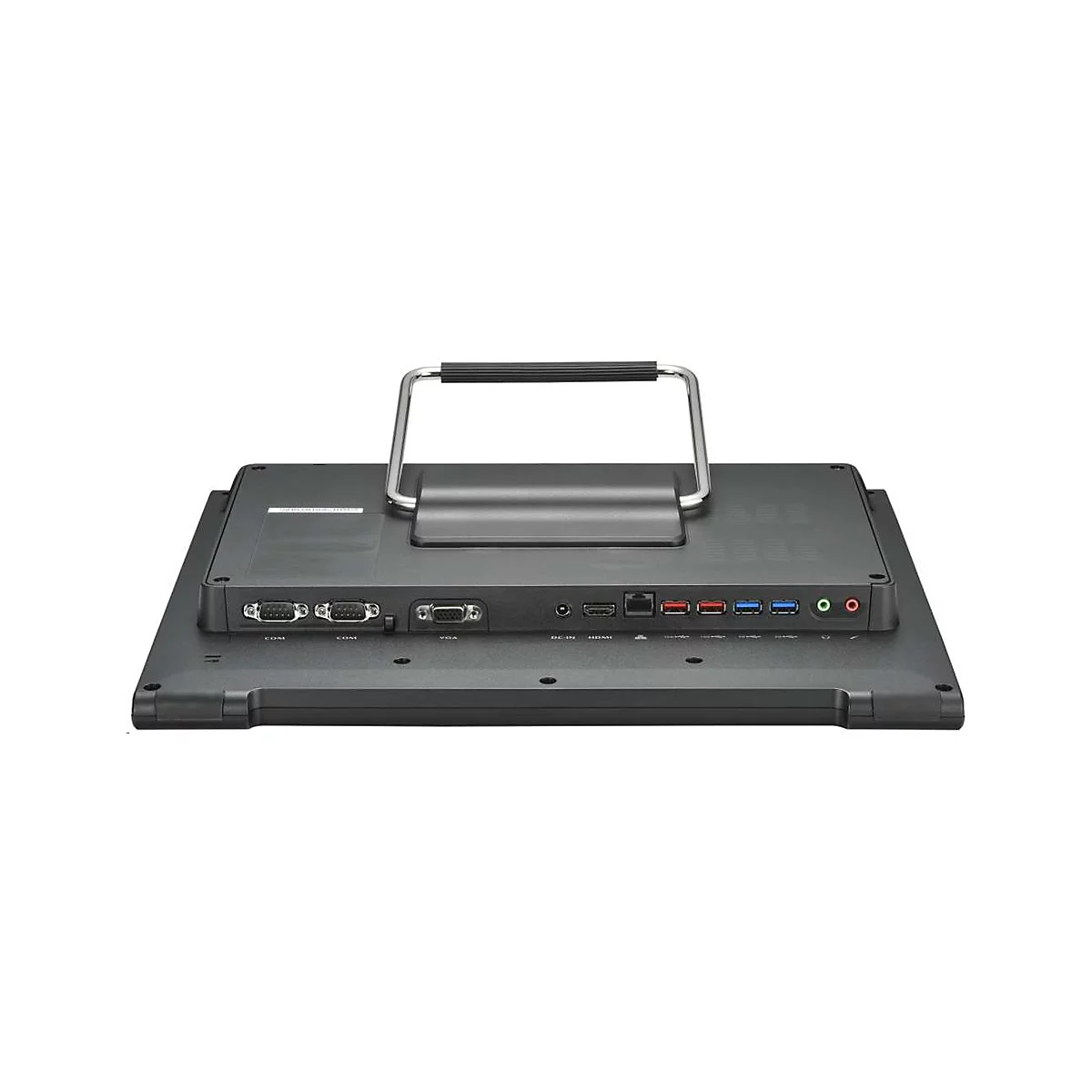 Rückseite eines schwarzen Touchscreens. Oben ein Griff. Unten Anschlüsse: COM, VGA, HDMI, USB, Audio.