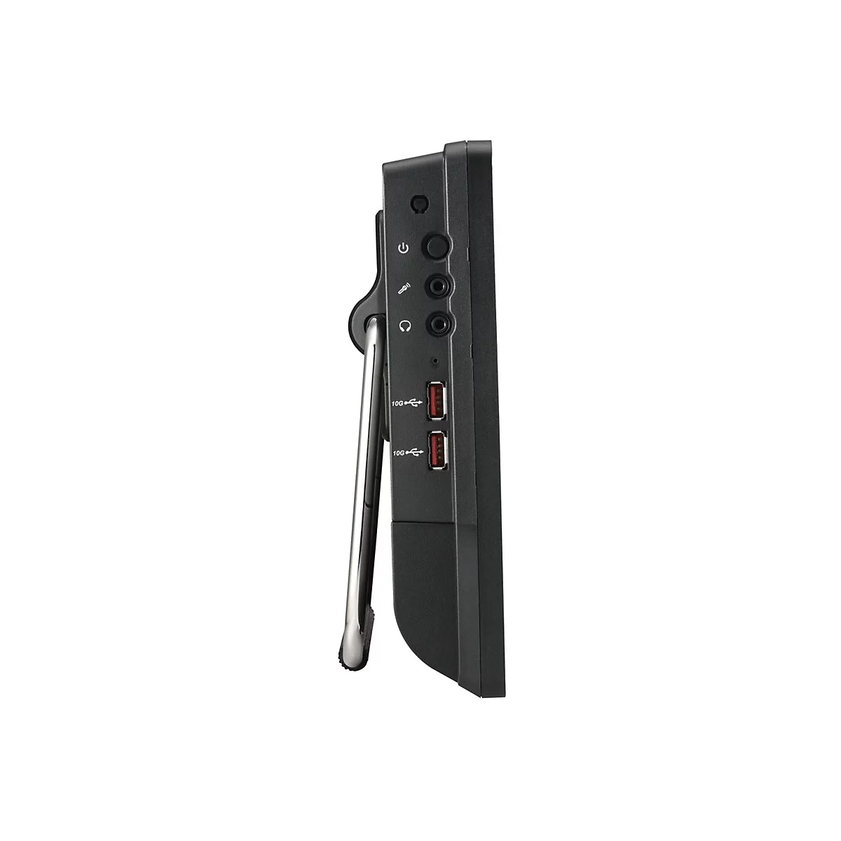 Schwarzes Gerät mit seitlichen Bedienelementen, USB-Anschlüssen und einem Ständer.