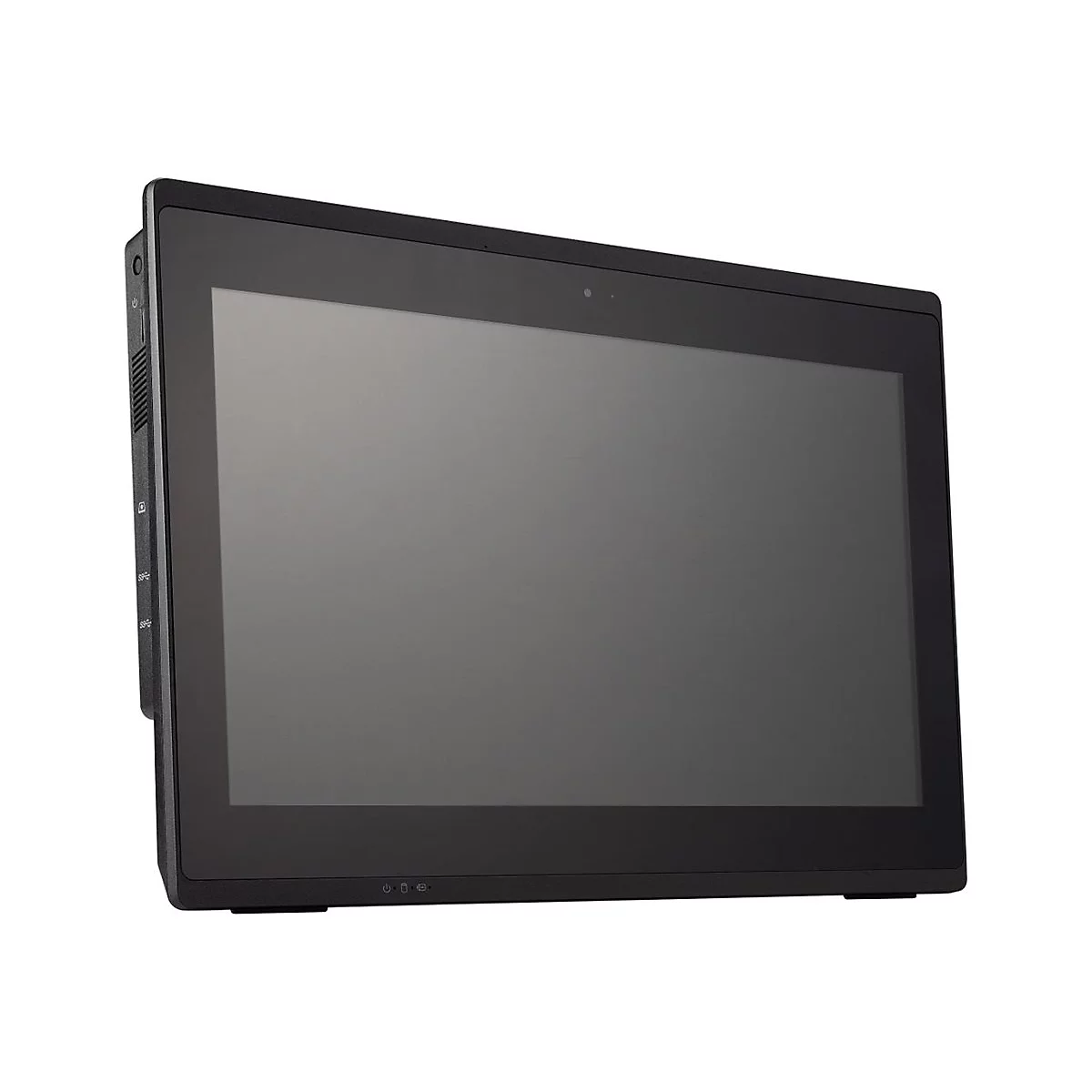 Ein schwarzes Touchscreen-Gerät, rechteckig, abgeschrägte Kanten, silberne Seitenknöpfe, unterer Rand mit Indikatoren.