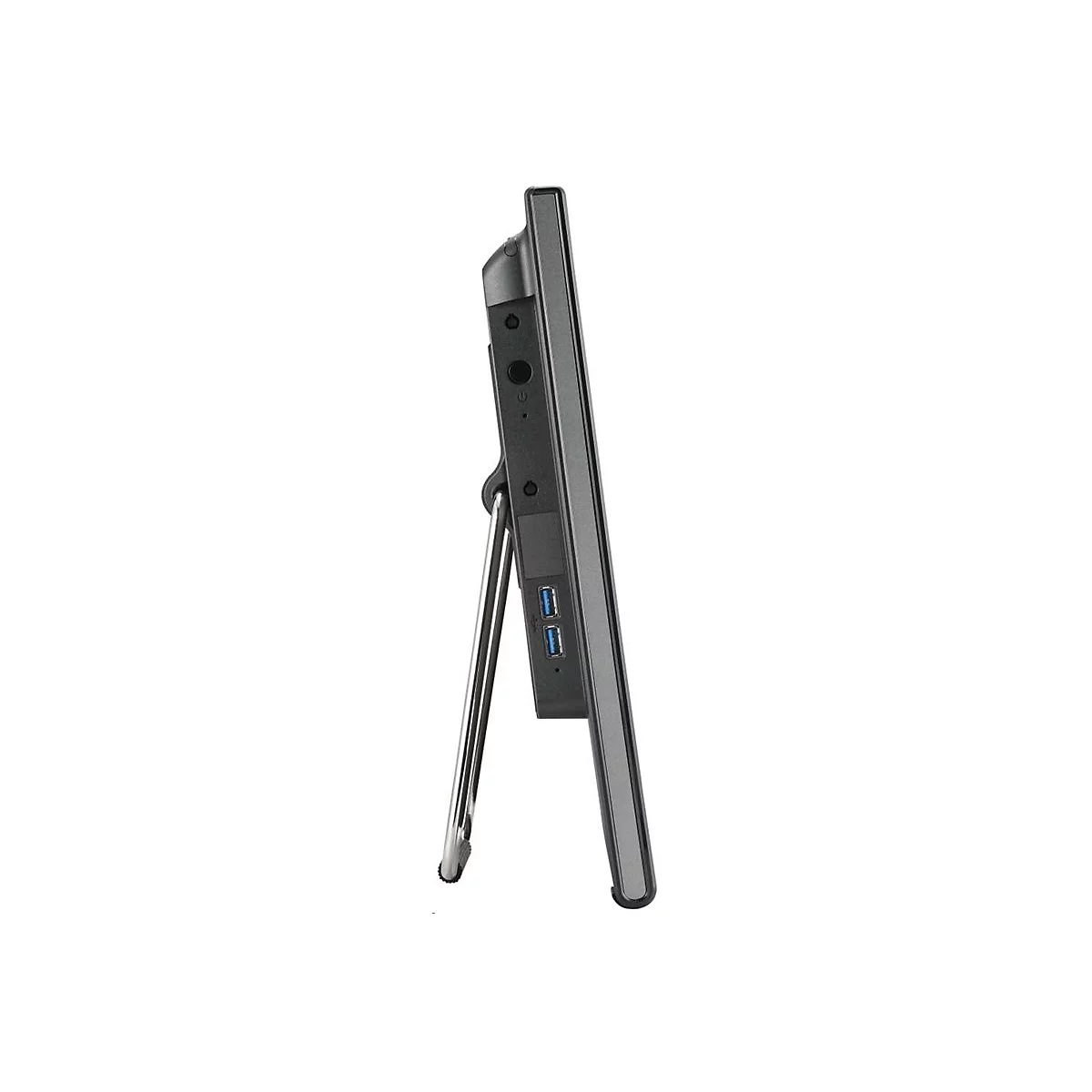 Seitenansicht eines schwarzen Tablets mit silberner Halterung. USB-Anschlüsse und Tasten sind deutlich zu sehen.