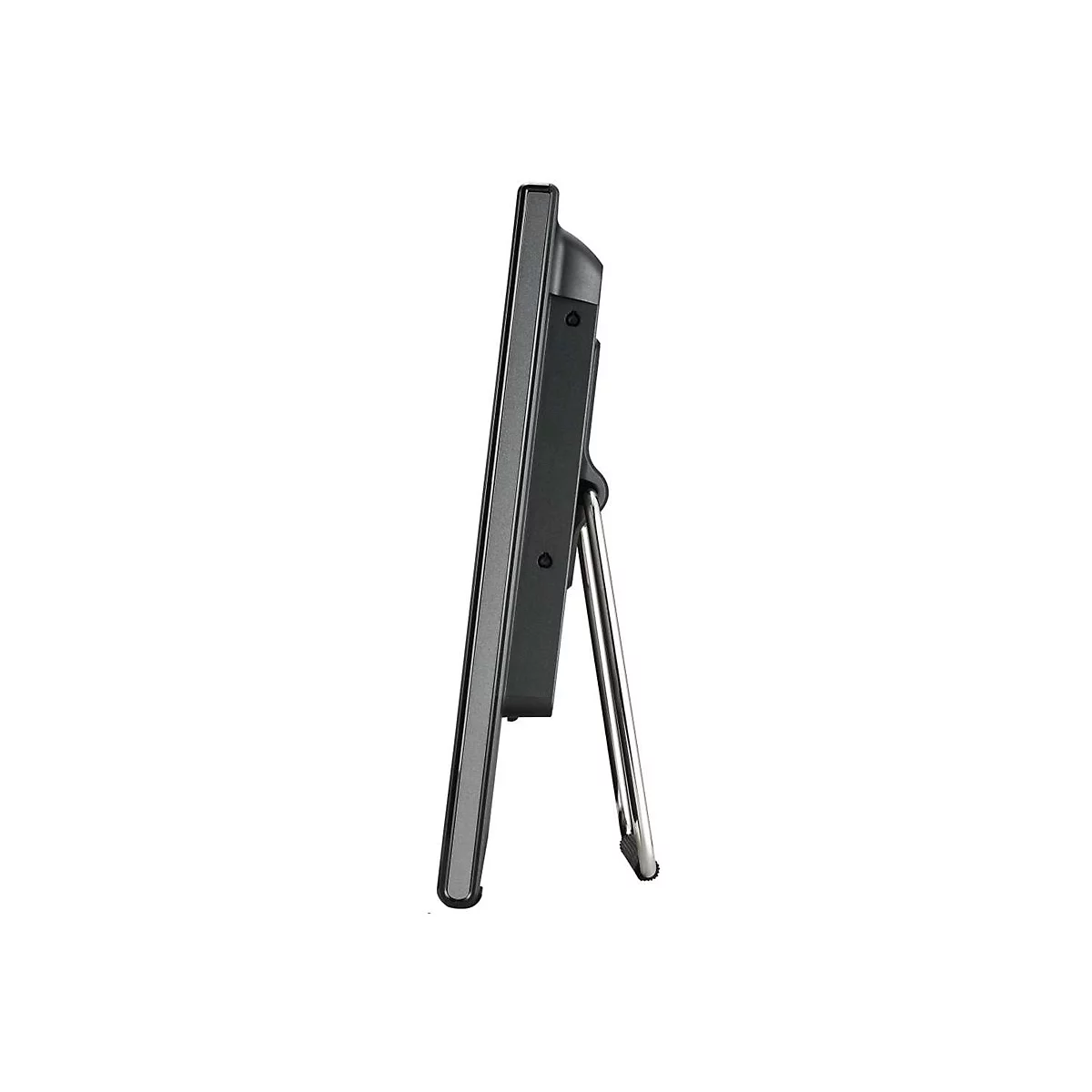 Ein schwarzes Tablet, seitlich betrachtet. Der silberne Ständer steht abgewinkelt.