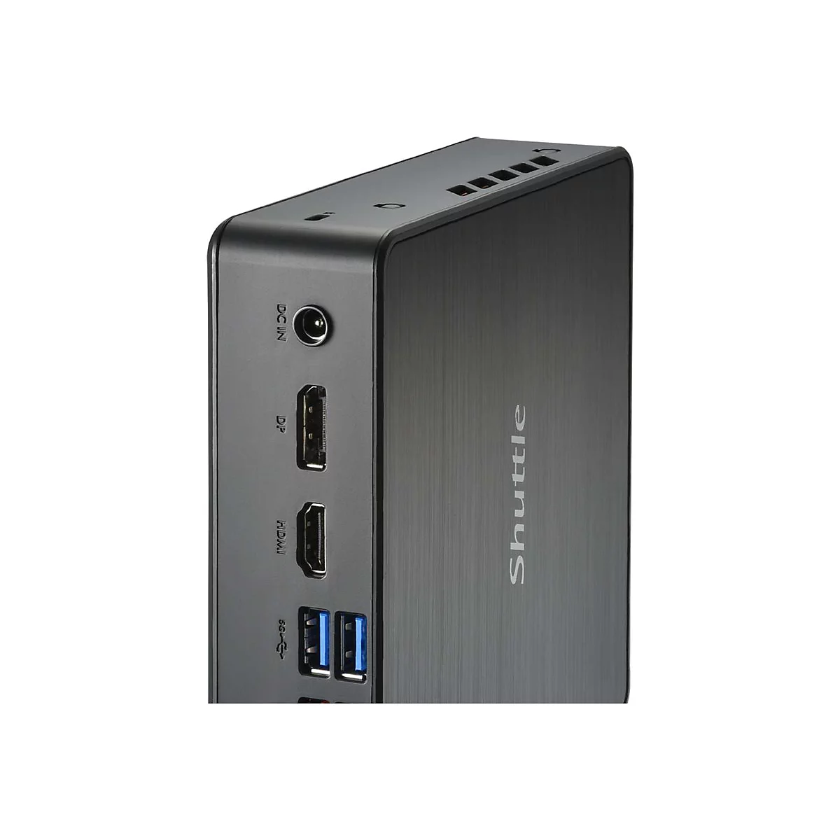 Cube PC noir avec ports tels que HDMI et USB. Shuttle est Ã©crit sur le cÃ´tÃ©.