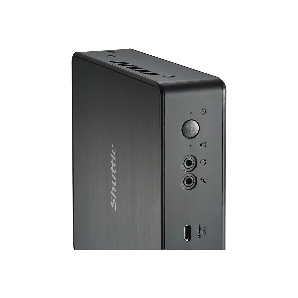 Mini-PC Shuttle noir. Le panneau avant comprend des ports, des boutons et le logo Shuttle.